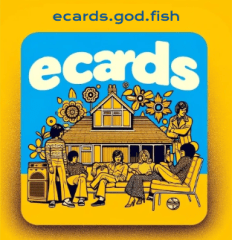 Logo der Website ecards.god.fish mit einer bunten Illustration von Personen, die in einem Wohnzimmer entspannen, umgeben von Blumenmotiven.