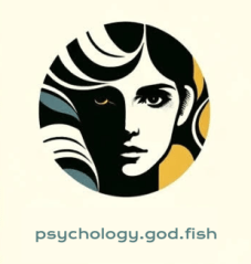 Ein künstlerisches Logo mit einer Frauengesichtshälfte, die in sanften Farben dargestellt ist, darunter der Text 'psychology.god.fish'.