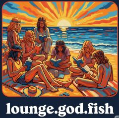 Eine Gruppe von sechs Personen sitzt am Strand und liest Bücher, während die Sonne im Hintergrund untergeht.