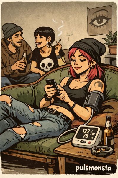 Drei Personen entspannen in einem Wohnzimmer, eine Frau mit pinken Haaren und einem Blutdruckmessgerät an ihrem Arm schaut auf ihr Handy, während ihre Freunde, ein Mann und eine Frau, miteinander lachen. Auf dem Tisch stehen ein Bier und ein Aschenbecher.