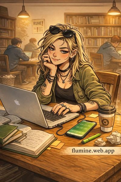 Eine junge Frau mit blonden Haaren und Sonnenbrille, die an einem Laptop in einer Bibliothek sitzt. Sie trägt eine grüne Jacke und hat mehrere Armbänder an ihren Handgelenken. Auf dem Tisch liegen Bücher, ein Kaffeebecher und ein Smartphone.