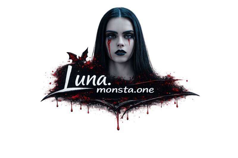 Ein mysteriöses Porträt einer Frau mit langen, dunklen Haaren, blasser Haut und dramatischem Make-up, das rote Tränen zeigt. Der Name "Luna. monsta.one" erscheint in einem blutigen, grafischen Design.