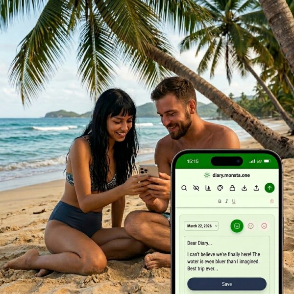 Ein Paar sitzt am Strand unter Palmen und schaut auf ein Handy, während sie gemeinsam an einem digitalen Tagebuch arbeiten.