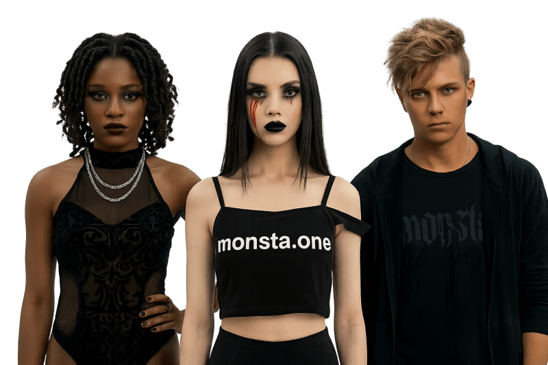 Drei stilisierte Models stehen nebeneinander, in modischer Kleidung. Das mittlere Model trägt ein schwarzes Oberteil mit dem Aufdruck "monsta.one" und hat auffälliges Makeup, einschließlich rotem Schlieren. Die anderen beiden Models sind in dunkle Kleidungsstücke gehüllt und vermitteln einen ähnlichen, modernen Look.