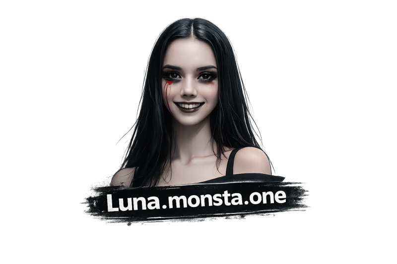 Porträt einer jungen Frau mit langen, dunklen Haaren und einem geheimnisvollen Lächeln, die einen blutigen Strich im Gesicht hat. Der Text "Luna.monsta.one" ist am unteren Rand des Bildes platziert.