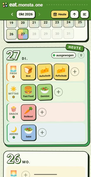 Kalenderansicht für den 27. Oktober 2026 mit Essensoptionen: Frühstück mit Brot und Aufschnitt, Mittagessen mit Fast Food und Gemüse, Snack mit Rohkost und Abendessen mit Salat.